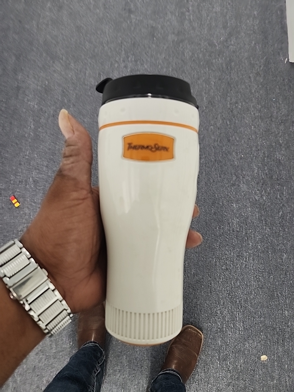 Thermos White Travel Mug with Black Lid. Thermo Serv